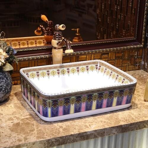 Rectangular lavender Porcelain China Classic Art lotus bathroom sinks ceramic countertop basin ceramic wash bowls