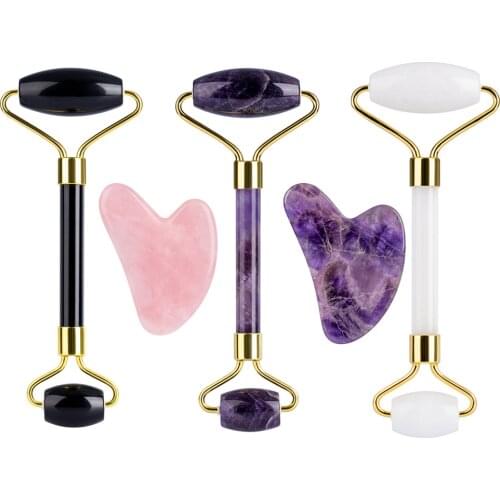 Rose Quartz Jade Roller Face Massager Natural Stone Crystal Slimmer Lift Wrinkle Double Chin Remover Beauty Care Slimming Tools