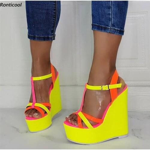 Ronticool Ankle Strap Women Summer T-Strap Sandals Mixed Color Wedges Heel Open Toe Beautiful Dress Shoes US Plus Size 5-20