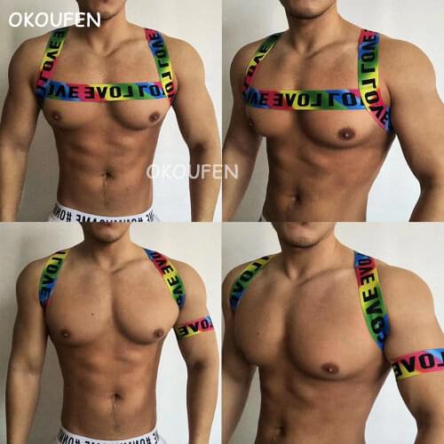Sexy white party dance dance rainbow LOVE camisole waistband with big chest strap muscle mens fitness