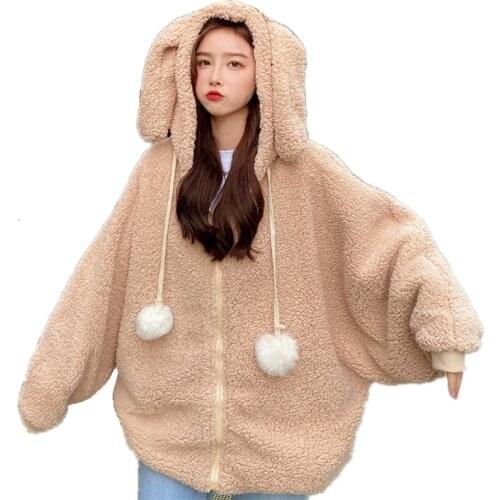 Women Kawaii Rabbit Long Ears Hooded Fleece Sweatshirt Solid Casual Loose Oversized Hoodies Teenagers Batwing Sleeves Zip-up Top
