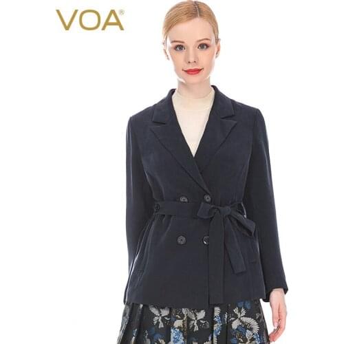 VOA Spring/Autumn 30m/m Silk Navy Blue Lapel Long Sleeve Double Twist Buckle Can Be Tied A Long Coat Jacket Woman Clothing WE31