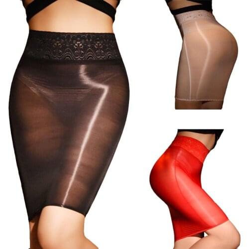 Women Sexy Skinny Oil Shiny Stretch Mini Skirt Body Shaper Lace Top See Through Skirt Slimming Night Club Dance Wear