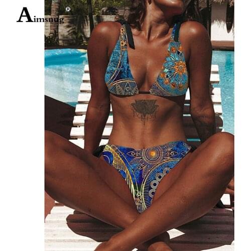 Women Bikini Sets Swimsuit Sexy Bandage Two Pieces Swimwear Western Style 2021 Vintage 3D Print Bathing Suits 2PCS Outfits