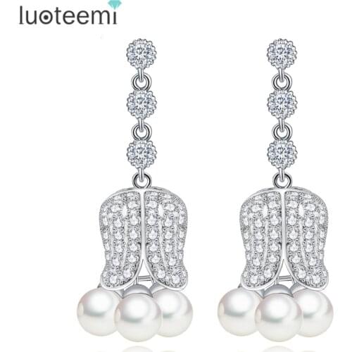 LUOTEEMI Fashion Jewelry Imitation Pearl Earrings White Gold-Color CZ Crystal Rose Flower Drop Brincos For Women Girl Party Gift