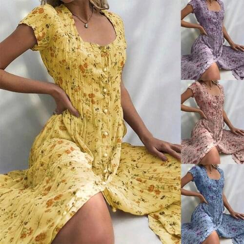 Summer Dress Elegant Women Vintage Square Neck Short Sleeve Floral Print Buttons Party Midi Dress Party Vacation Beach Casual