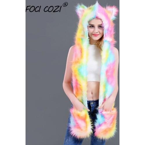 2019 New Winter Faux Fur Caps Women Rainbow Colorful Warm Ears Girls Caps Novelty Cartoon Animals Party Hat Female Cosplay Hats