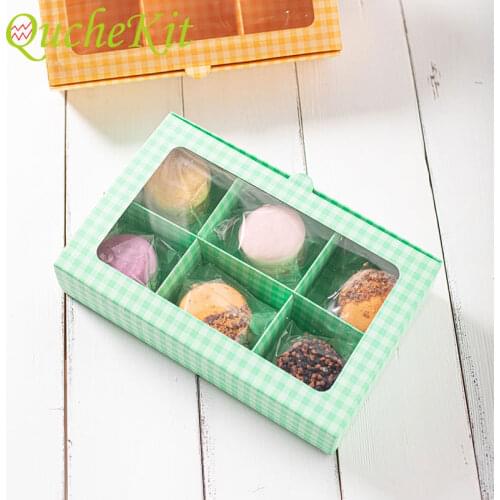 5pcs 6 Grids Green Moon Cake Boxes Packaging Biscuit Dessert Macron Cupcake Yellow Paper Box Wedding Baby Shower Baking Wrapper