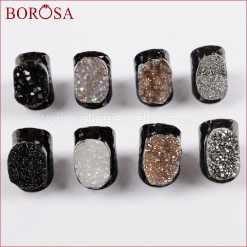 BOROSA 5PCS New Stylish Gun Black Color Rainbow Titanium Druzy Sparkling Drusy Ring for Women Girls Party Rings Jewelry B0890