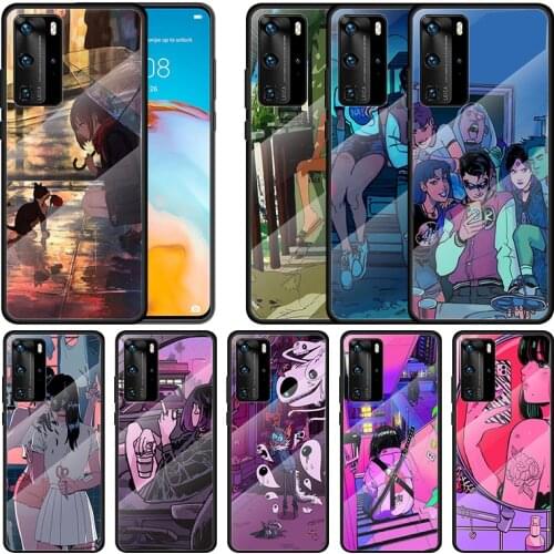 Anime Neon Color Art Girl For Huawei P40 P30 P20 P10 Pro Plus Lite 5G 2019 Tempered Glass Cover Shell Luxury Phone Case