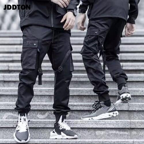 JDDTON Mens Solid Color Pants Sweatpant Velcro Streetwear Casual Overalls Loose Paratrooper Pants Male Beam Foot Trousers JE311