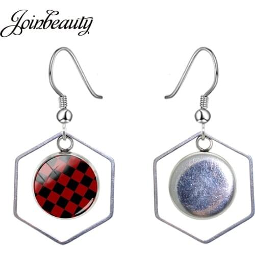 JOINBEAUTY 2020 New Fashion Black and Red Checkerboard Polygon Hollow Earrings Glass Cabochon Personality Dangle Earrings TX544