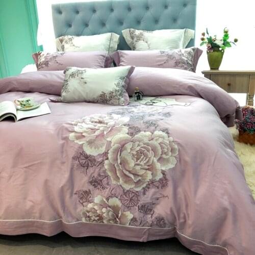 Perfect Embroidered Flower 80S Egyptian Cotton Bedding set Queen King Pastoral Duvet cover Bed sheet set Pillowcases 4pcs purple