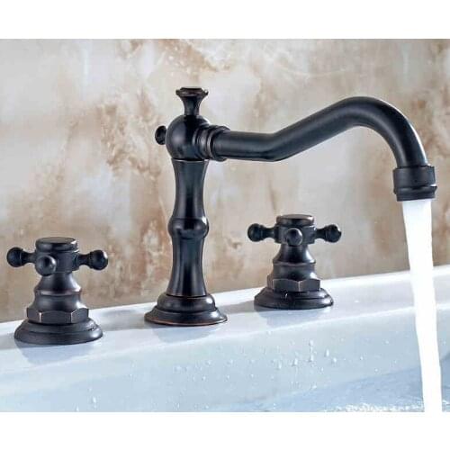 Black Oil Rubbed Brass Two Cross Handle Deck-Mount 3 Hole Widespread Bathroom Lavatory Vessel Basin Faucet Sink Mixer Tap dhg004
