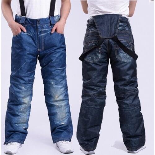 LEOSOXS Jeans Mens Ski Pants Windproof Waterproof Snowboard Ski Strap Pants Thickened Warm Wear-resistant Cotton Snow Pants