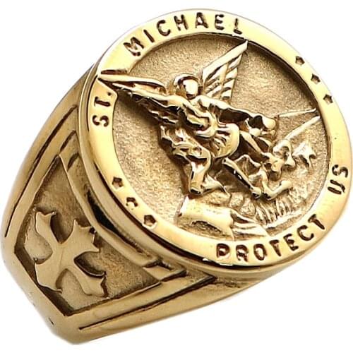 Unisex SAINT MICHAEL PROTECT US 316L Stainless Steel Cross Newest Golden Ring