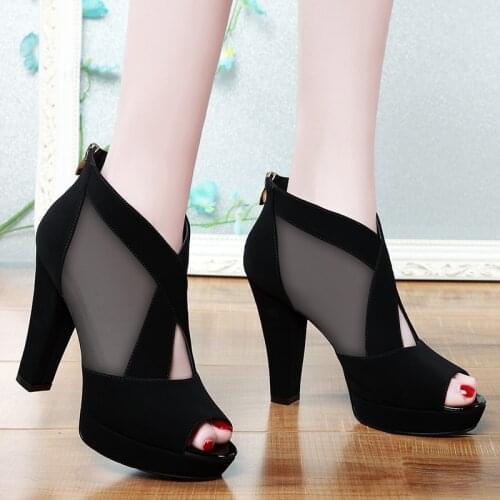 New Summer Fashion Sexy fish mouth Women High Heel Shoes Mesh Breathable Pomps Toe Thick Heels Dress Shoes Elegant Footwear