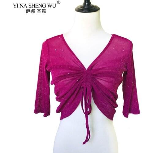 New Womens Belly Dance Costume Sexy Transparent Silver Mesh Half Sleeve Tops&Tees Indian Oriental Dance Tops Practice Wear