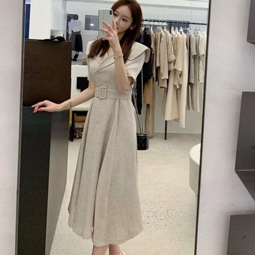 New 2021 Summer Women Elegant French Retro Short Sleeve Solid Collar Slim Dress Twisted A Line Office Party Long Dress With Belt