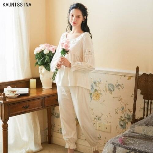 100% Cotton White Pajamas Long sleeve Sleepwear Women Pajamas Spring AutumnTwo Piece Winter Sleepwear Suit Cozy Loungewear