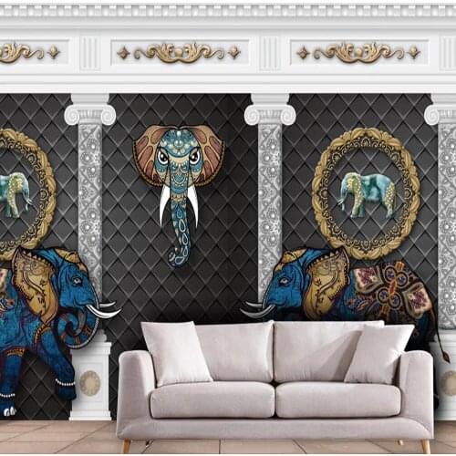 Custom 3D wallpaper mural 3D European carved Roman column hand-painted three-dimensional elephant sofa background wall decoratio