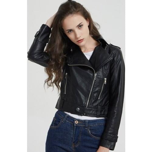 Queechalle 2020 Spring Autumn PU Jacket Women Zipper Design Faux Soft Leather Jacket Long Sleeve Moto & Biker Coat Black color