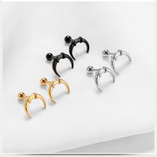 New Design Punk Ox Horn Shaped Earrings For Women Girls Simple Style Stainless steel Stud Ear Jewelry Party Gifts 2 pieces