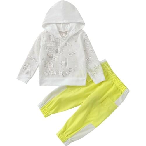 2021 0-6Y Autumn Kids Baby Girl Tracksuit White Solid Mesh Long Sleeve Hooded Top Sweatshirt+Pockets Patch Pants Sport Clothing