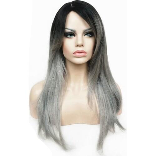 StrongBeauty Womens Wigs Ombre Two tone Black/Silver-grey Mix Long Straight Hair Synthetic Full Wig