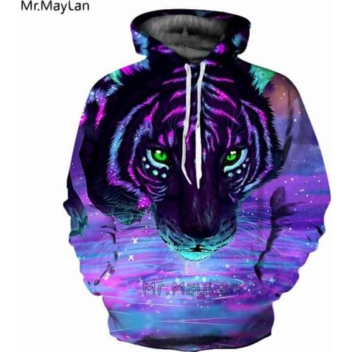 3D Print Animal Tiger Head Purple Hoodies Men Women Hipster Hooded Sweatshirts Hip Hop O-neck Streetwear Top 2018 Brand Clothes