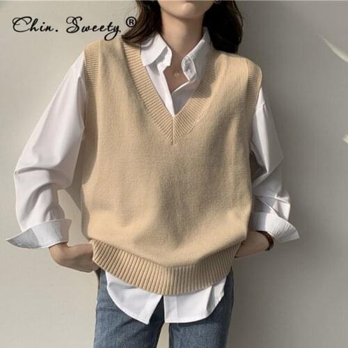 Knitted Womens Solid V-neck Sweater Tanks 2021 Autumn New Sleeveless Loose Basic All-match Vest Ladies Fashion Office Clothes