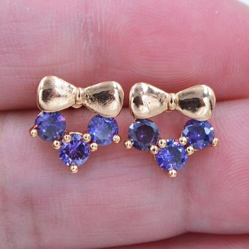 Trendy Gold Color AAA+ Cubic Zirconia Romantic Purple CZ Bowknot Stud Earrings for Women