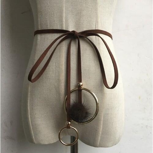 Women Designer Gold Round Metal Circle Thin Leather Tied up Belts Hot Punk Big O Ring Mink Fur ball belt Clothes Accessory