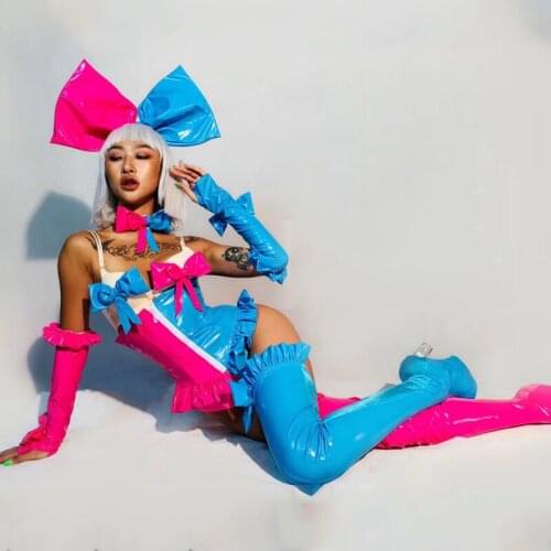 Bar Club Party Lady Sexy Cosplay Costume Pink Blue Splicing Bodysuit Leggings Gloves Headdress Rave Outfit Stage Wear XS2558