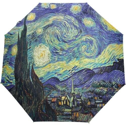 Famous Oil Painting Umbrellas Women Fully Automatic Monet Umbrella Three Folding Van Gogh Anti UV Umbrellas with Black Coating