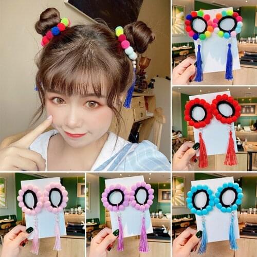 Hair Rope For Girls 2Pcs Colorful Pom Pom Ball Hair Bands With Tassel Cute Women Elastic Hair Clip Fo Kid Scrunchies Accessories