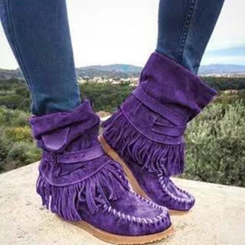 2022 Fringe Middle Boots Women Sexy Tassel Boots Fashion Buckle Motorcycle Boots Flat Heel Boot Women Cowboy Style Bota Feminina