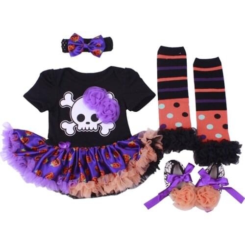 4Pcs Baby Toddler Halloween Outfits Cartoon Cross Skulls Bone Dress Shoes Headband Leg Warmer Costume Dress Sets for Baby Girls