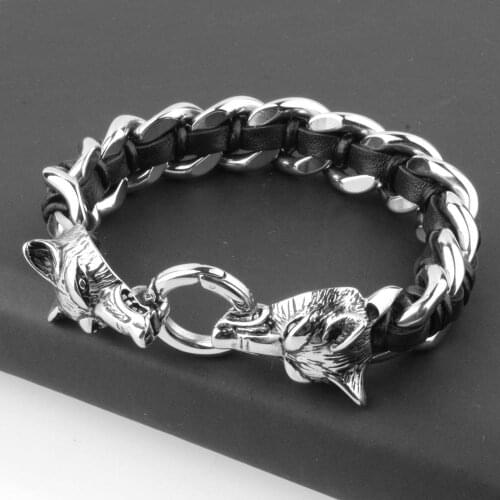Antique Wolf Head Charm Bracelet Braid Stainless Steel with Leather Rope Mens Bracelets Bangle Wristband Pulseira
