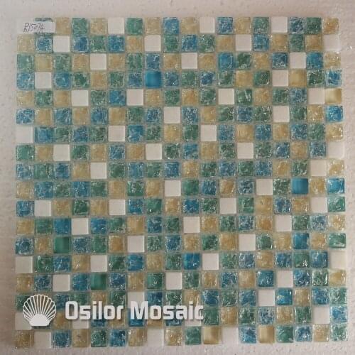 Free shipping mediterranean sea style cracked pattern blue glass and crystal mosaic tile with stone for bathroom or living room