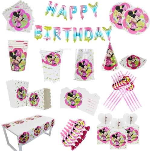 Disney Minnie Mouse Party Supplies Paper Cup Plates Box Bag Caps Kids Girls Baby Shower Birthday Party Decorations Sets