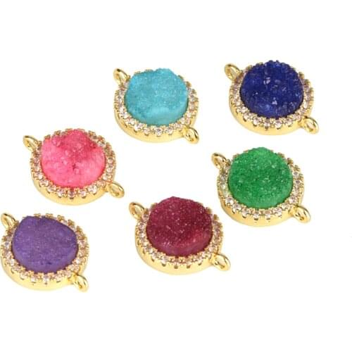 Dankaishi Fashion Round Shape Charm Connectors for Jewelry Making DIY Women Accessories Natural Stone Druzy Crystal Stone Beads