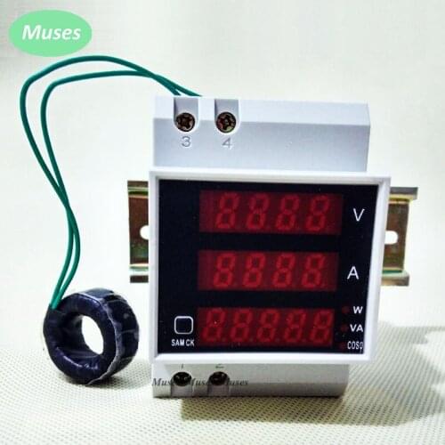Din rail LED voltmeter ammeter active reactive power power factor with customized external current transformer AC 80-300V 0-100A