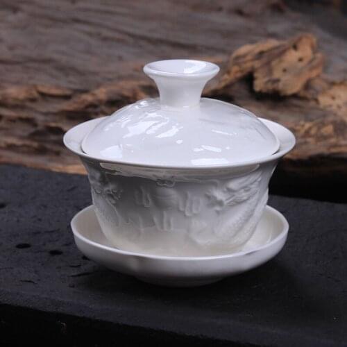 [GRANDNESS] Relief Dragon White Porcelain Gaiwan 100ml Chinese Ceremony Gaiwan Tea Tureen Ceramic