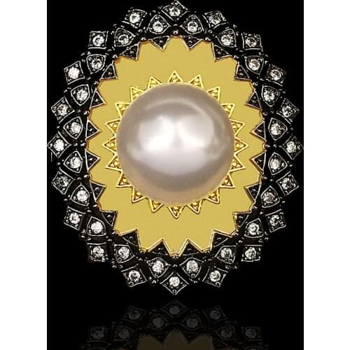 CIZEVA Nature Freshwater Pearls Black Gold Ring Exquisite Sun Flower Wedding Party Rings for Women Two Tone 925 Silver Jewelry