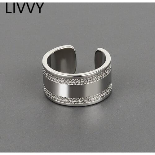 LIVVY Silver Color Simple Wide Ring For Women Handmade Vintage Opening Adjustable Party Wedding Jewelry