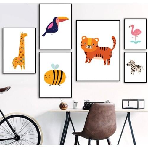 Cartoon Tiger Toucan Giraffe Bee Zebra Nordic Posters And Prints Wall Art Canvas Painting Nursery Wall Pictures Kids Room Decor