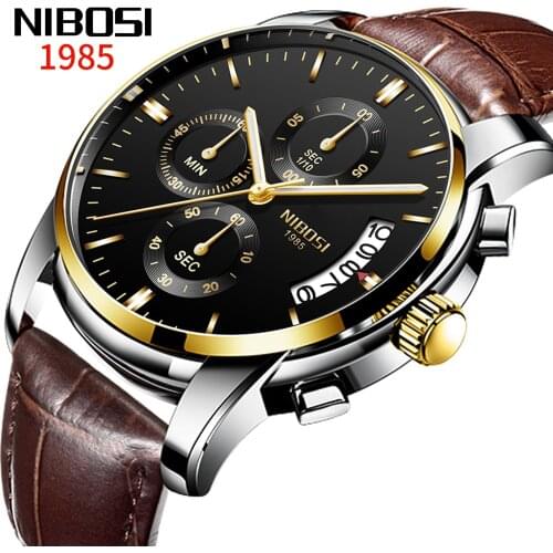 NIBOSI New Watches Men Luxury Brand Chronograph Men Sport Watches High Quality Leather Strap Quartz Wristwatch Relogio Masculino