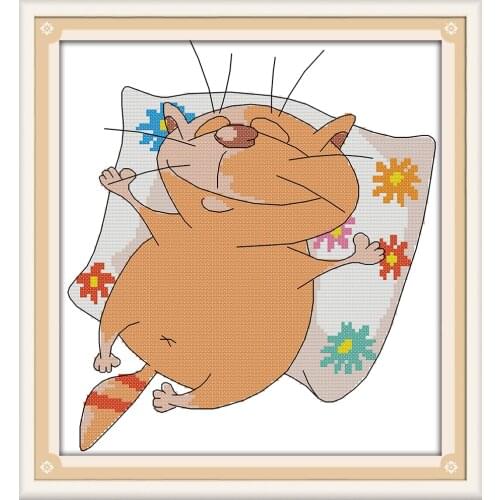 Lazy cat cross stitch kit cartoon sleep animal aida 14ct count print canvas stitches embroidery DIY handmade needlework plus