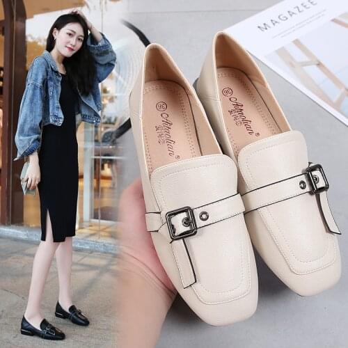 Fall & Spring Womens Shoes Flat Heels Square Toe Slip-On Shallow Mouth Female Flats Buckle Decor. Casual Loafers OULYYYOGO